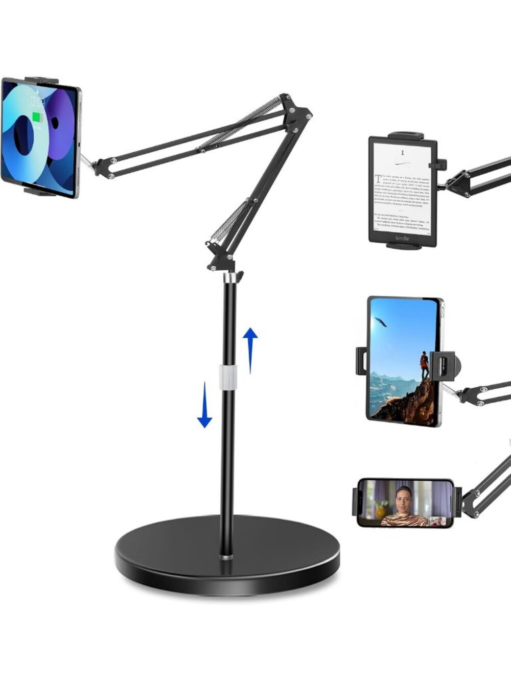 Adjustable Tablet Floor Stand with Stable Base, Overhead Holder for iPad